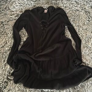Flowy black lace up front dress or coverup